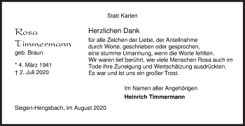 Traueranzeige von Rosa Timmermann von Siegener Zeitung