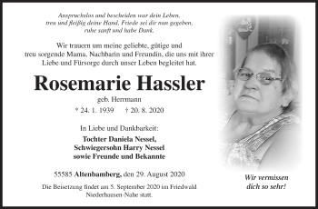 Traueranzeige von Rosemarie Hassler von Siegener Zeitung
