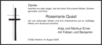 Traueranzeige von Rosemarie Quast von Siegener Zeitung