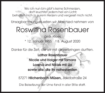 Traueranzeige von Roswitha Rosenbauer von Siegener Zeitung