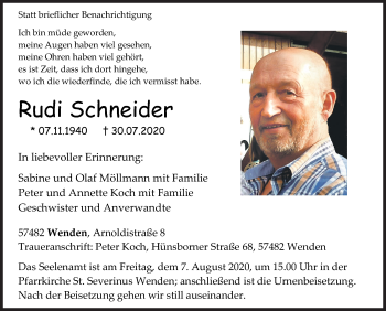 Traueranzeige von Rudi Schneider von Siegener Zeitung
