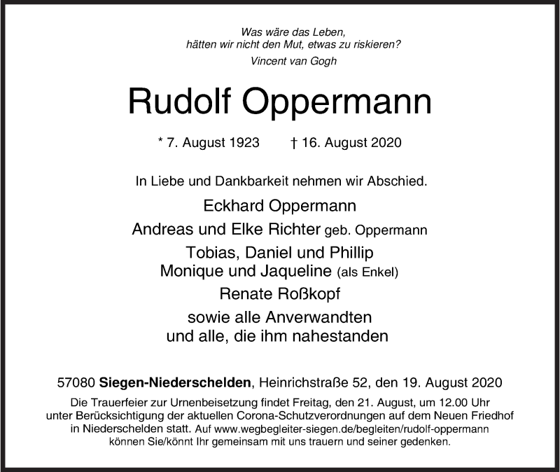  Traueranzeige für Rudolf Oppermann vom 19.08.2020 aus Siegener Zeitung