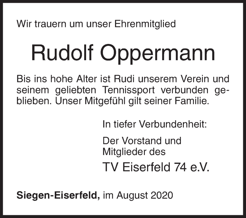  Traueranzeige für Rudolf Oppermann vom 21.08.2020 aus Siegener Zeitung