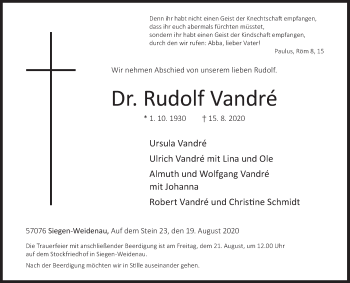 Traueranzeige von Rudolf Vandré von Siegener Zeitung