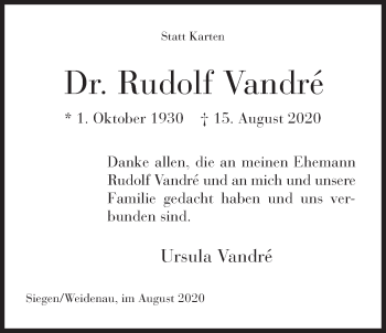 Traueranzeige von Rudolf Vandré von Siegener Zeitung