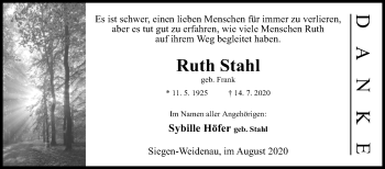 Traueranzeige von Ruth Stahl von Siegener Zeitung