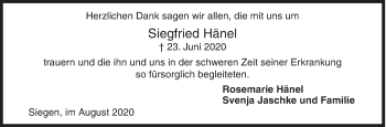 Traueranzeige von Siegfried Hänel von Siegener Zeitung