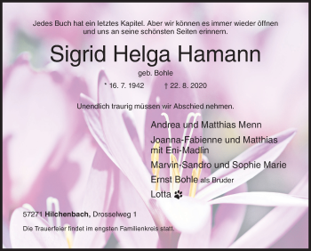 Traueranzeige von Sigrid Helga Hamann von Siegener Zeitung