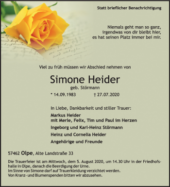 Traueranzeige von Simone Heider von Siegener Zeitung