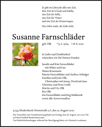 Traueranzeige von Susanne Farnschläder von Siegener Zeitung