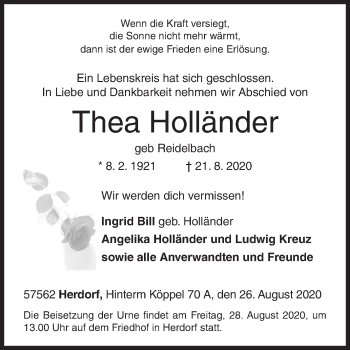 Traueranzeige von Thea Holländer von Siegener Zeitung