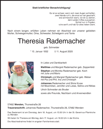 Traueranzeige von Theresia Rademacher von Siegener Zeitung