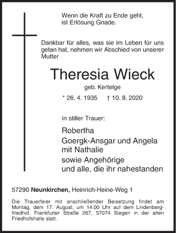 Traueranzeige von Theresia Wieck von Siegener Zeitung