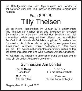 Traueranzeige von Tilly Theisen von Siegener Zeitung