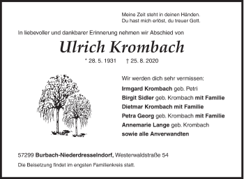 Traueranzeige von Ulrich Krombach von Siegener Zeitung