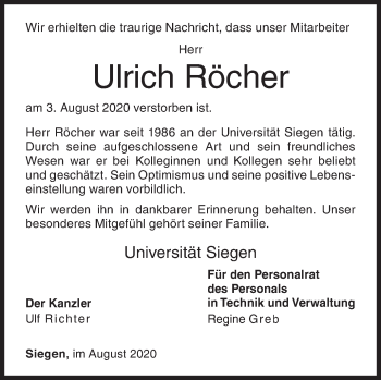 Traueranzeige von Ulrich Röcher von Siegener Zeitung
