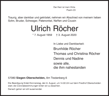Traueranzeige von Ulrich Röcher von Siegener Zeitung
