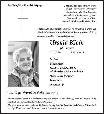 Traueranzeige von Ursula Klein von Siegener Zeitung