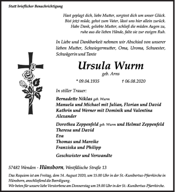 Traueranzeige von Ursula Wurm von Siegener Zeitung