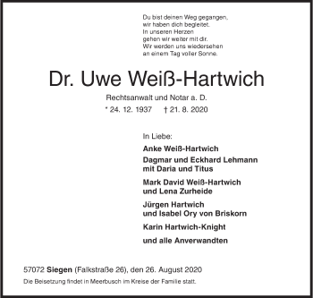 Traueranzeige von Uwe Weiß-Hartwich von Siegener Zeitung