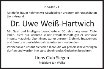 Traueranzeige von Uwe Weiß-Hartwich von Siegener Zeitung