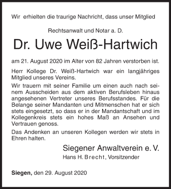 Traueranzeige von Uwe Weiß-Hartwich von Siegener Zeitung
