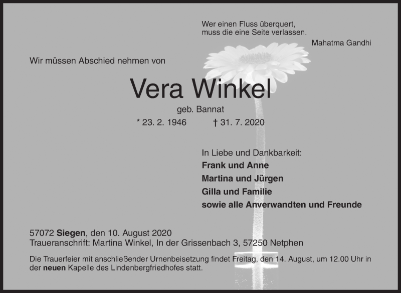  Traueranzeige für Vera Winkel vom 10.08.2020 aus Siegener Zeitung