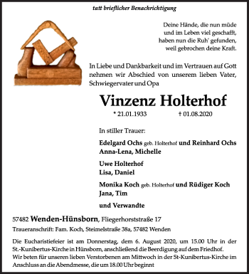 Traueranzeige von Vinzenz Holterhof von Siegener Zeitung