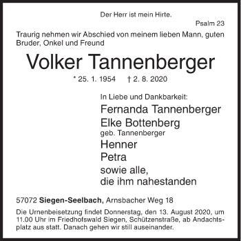 Traueranzeige von Volker Tannenberger von Siegener Zeitung