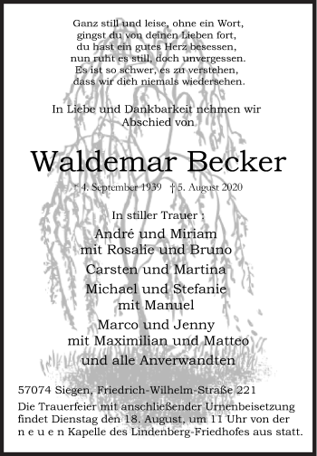 Traueranzeige von Waldemar Becker von Siegener Zeitung