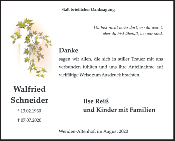 Traueranzeige von Walfried Schneider von Siegener Zeitung