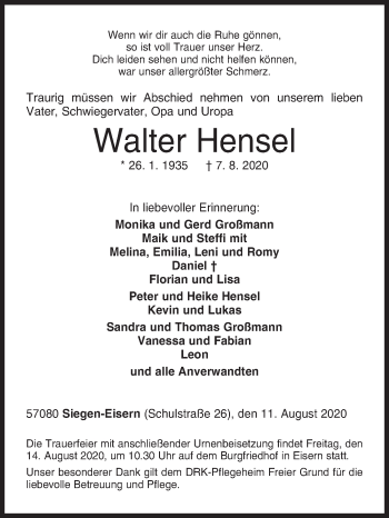 Traueranzeige von Walter Hensel von Siegener Zeitung