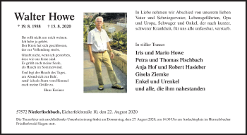 Traueranzeige von Walter Howe von Siegener Zeitung