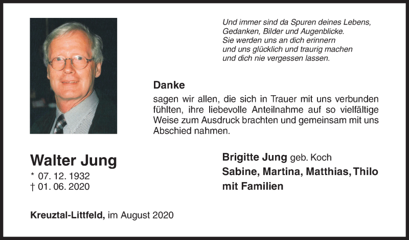  Traueranzeige für Walter Jung vom 01.08.2020 aus Siegener Zeitung