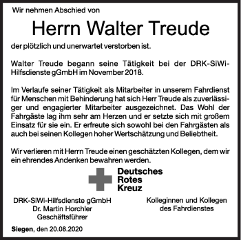 Traueranzeige von Walter Treude von Siegener Zeitung