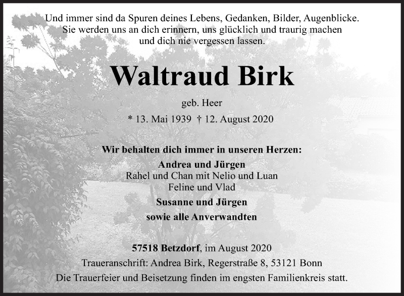  Traueranzeige für Waltraud Birk vom 18.08.2020 aus Siegener Zeitung