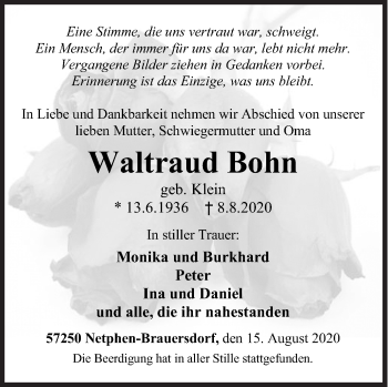 Traueranzeige von Waltraud Bohn von Siegener Zeitung