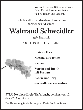 Traueranzeige von Waltraud Schweidler von Siegener Zeitung