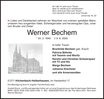 Traueranzeige von Werner Bechem von Siegener Zeitung