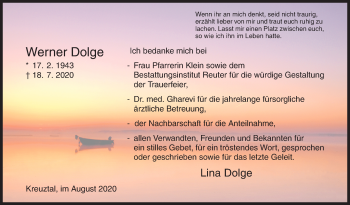 Traueranzeige von Werner Dolge von Siegener Zeitung