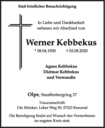 Traueranzeige von Werner Kebbekus von Siegener Zeitung