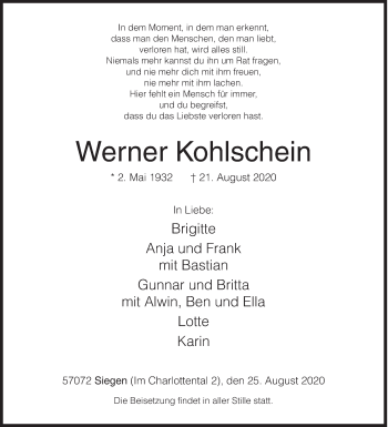 Traueranzeige von Werner Kohlschein von Siegener Zeitung