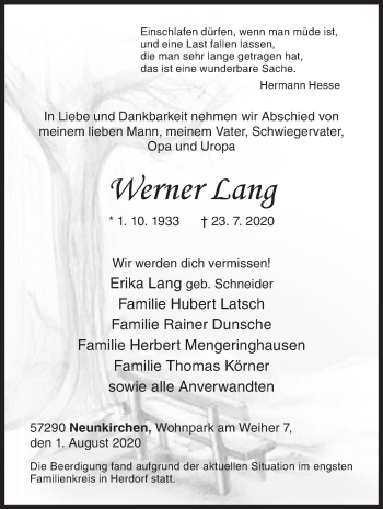 Traueranzeige von Werner Lang von Siegener Zeitung