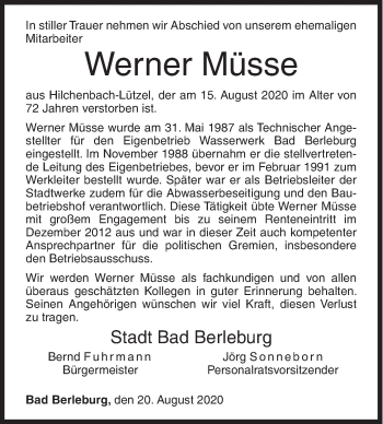 Traueranzeige von Werner Müsse von Siegener Zeitung