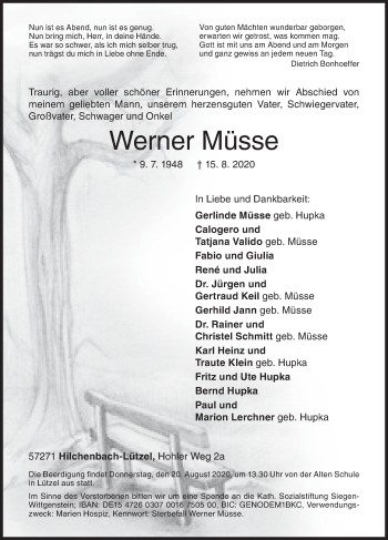 Traueranzeige von Werner Müsse von Siegener Zeitung