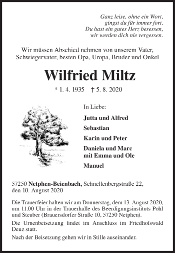 Traueranzeige von Wilfried Miltz von Siegener Zeitung