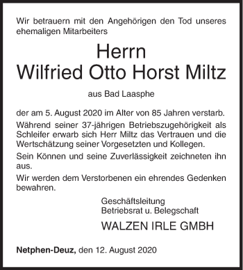 Traueranzeige von Wilfried Otto Horst Miltz von Siegener Zeitung