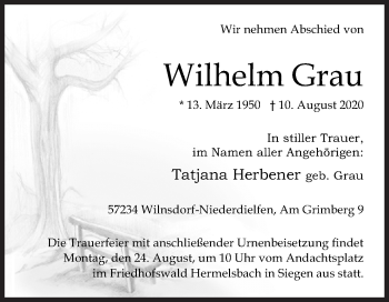 Traueranzeige von Wilhelm Grau von Siegener Zeitung