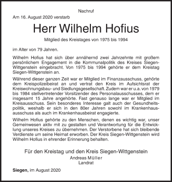 Traueranzeige von Wilhelm Hofius von Siegener Zeitung