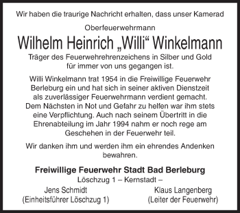 Traueranzeige von Wilhelm Heinrich Winkelmann von Siegener Zeitung